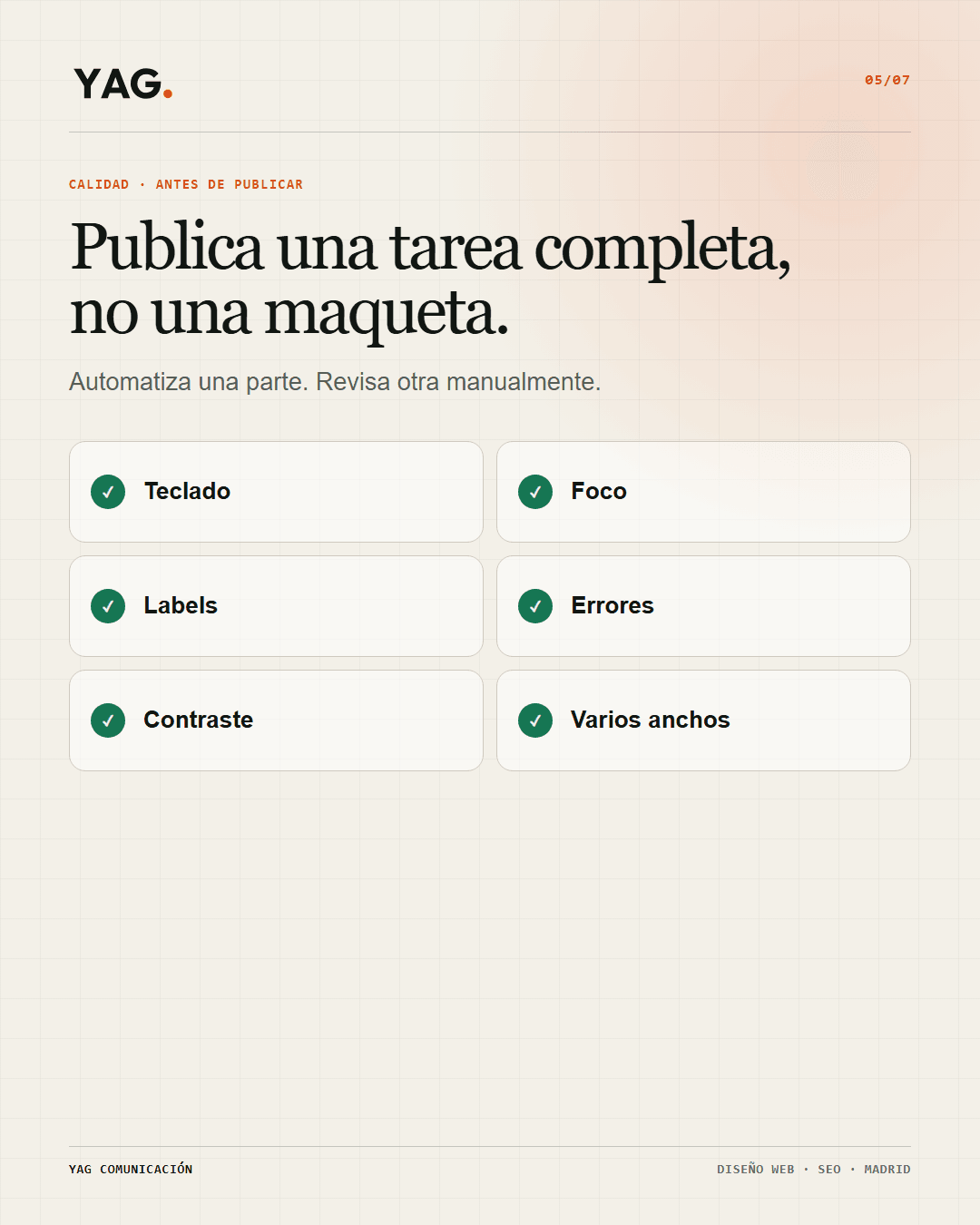 Lista de controles móviles y de accesibilidad que deben revisarse antes de publicar.