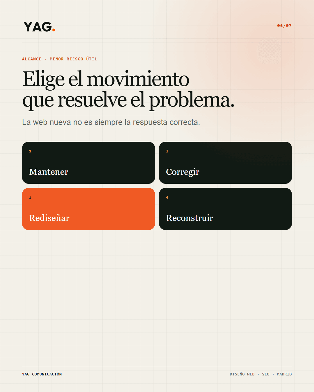 Matriz de decisión entre mantener, corregir, rediseñar o reconstruir una web.