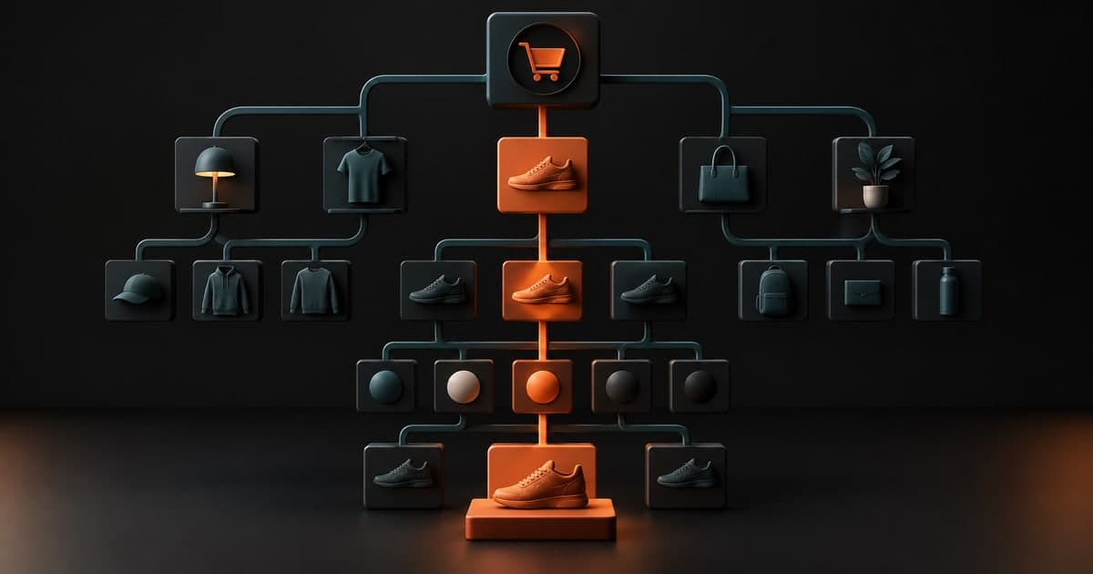 Jerarquía de productos y variantes con una combinación seleccionada