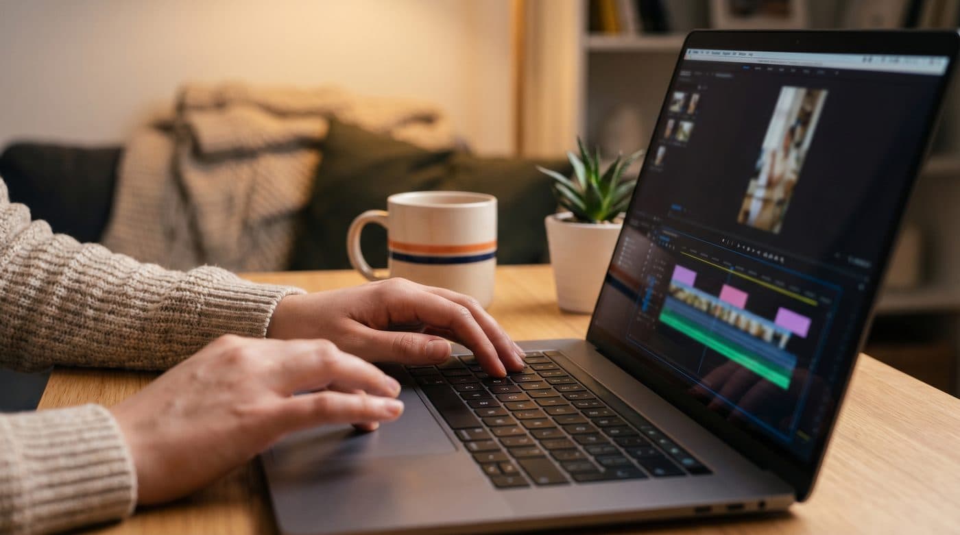 Edición profesional de un reel vertical en un portátil, parte del trabajo de producción de contenido que justifica la diferencia de precio