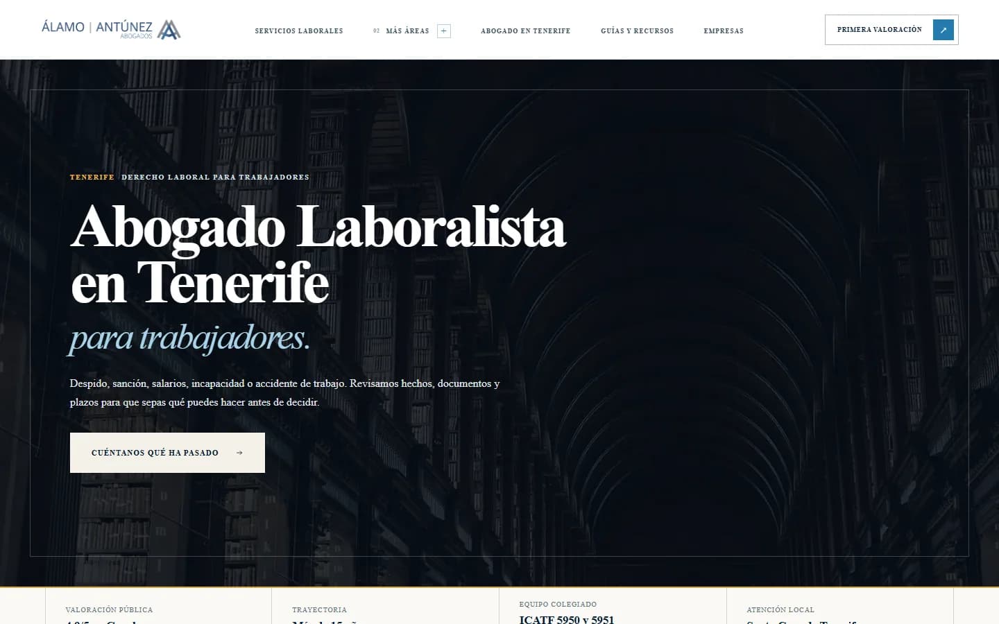Nuevo desarrollo de Álamo y Antúnez con diseño legal premium, fotografía del despacho y servicios destacados