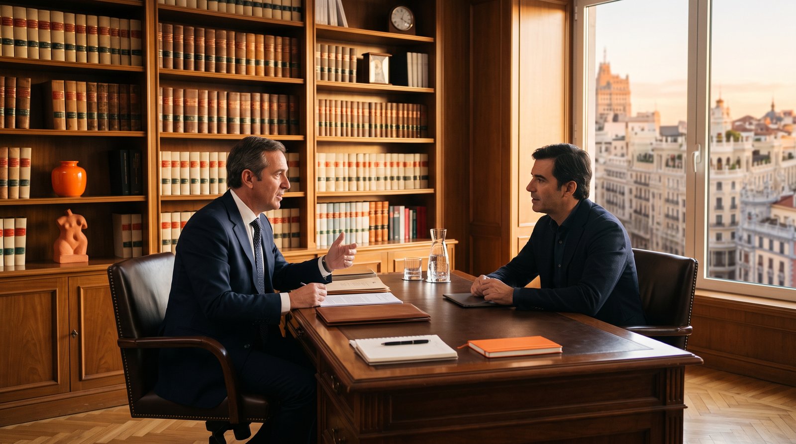 Despacho de abogados en Madrid con un cliente en consulta, ambiente profesional y de confianza
