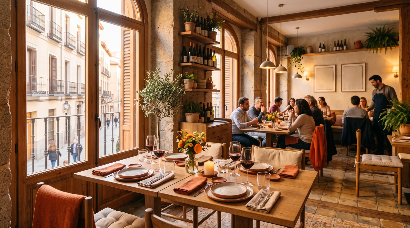 Interior de un restaurante de Madrid con buena luz y mesas puestas, ambiente acogedor
