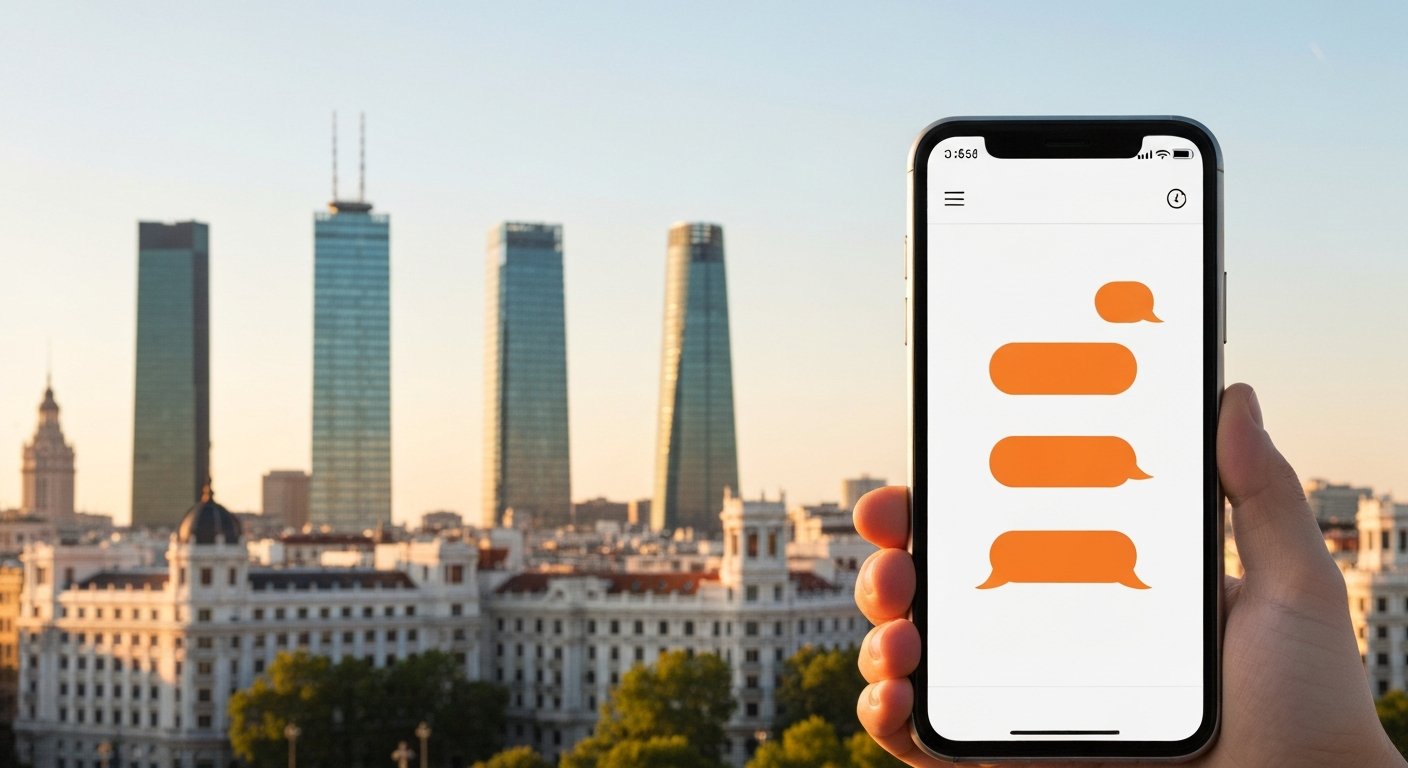 Un móvil mostrando un asistente de IA que recomienda negocios locales, con el skyline de Madrid al fondo